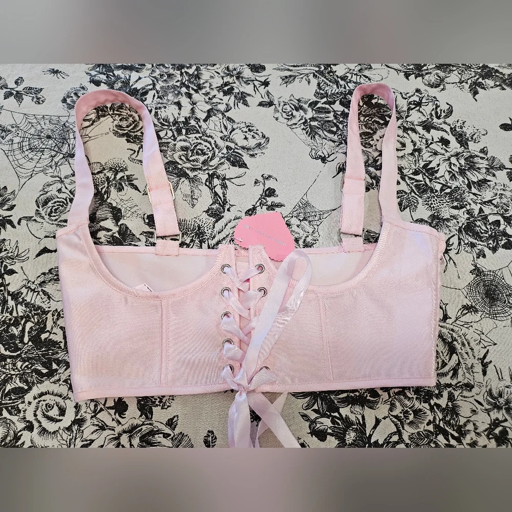 Dolls Kill Sugar Thrillz Pink Satin Underbust & Biker Shorts +Extra Mesh Flower - Picture 3 of 12